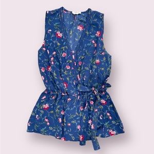 Sienna Sky Blue Sleeveless Faux Wrap Blouse Flower small top